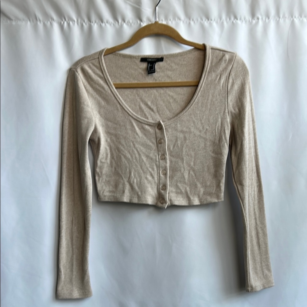 Forever 21 Cream Buttoned Long Sleeve Crop Top